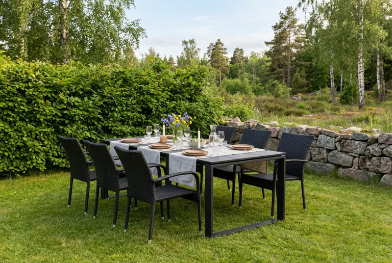 Devon utendørs spisegruppe 210x100 cm med 6 Thor Light utestoler med armlener - Svart - Hagemøbler - Hagegruppe - Spisegrupper hage