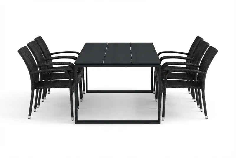 Devon utendørs spisegruppe 210x100 cm med 6 Thor Light utestoler med armlener - Svart - Hagemøbler - Hagegruppe - Spisegrupper hage