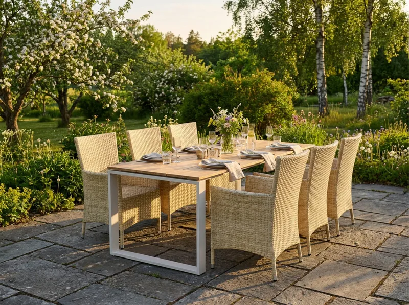 Devon utendørs spisegruppe 210x100 cm med 6 Thor-stoler med armlener - Beige/teak - Hagemøbler - Hagegruppe - Spisegrupper hage