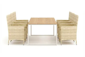 Devon utendørs spisegruppe 210x100 cm med 6 Thor-stoler med armlener - Beige/teak - Hagemøbler - Hagegruppe - Spisegrupper hage