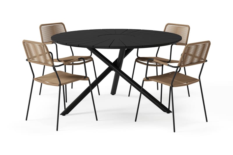 Finnhamn Rundt Spisebord 140 cm med 4 Lindos Spisestoler - Svart - Hagemøbler - Hagegruppe - Spisegrupper hage