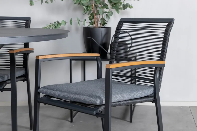 Alma Spisegruppe Rund Ø120cm + 4 Dallas Spisestoler - Svart - Hagemøbler - Hagegruppe - Spisegrupper hage