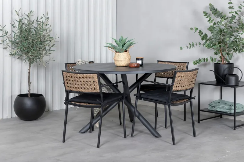 Alma Spisegruppe Rund Ø120cm + 4 Paola Spisestoler - Svart/Natur - Hagemøbler - Hagegruppe - Spisegrupper hage