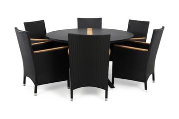 Bastian Spisegruppe med 6 Thor Lyx Lenestoler med Armledere - Svart/Teak - Hagemøbler - Hagegruppe - Spisegrupper hage