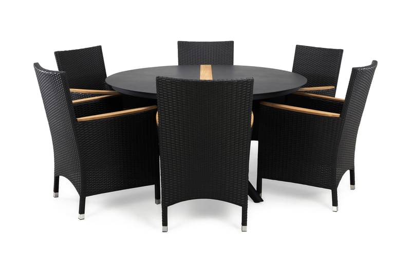 Bastian Spisegruppe med 6 Thor Lyx Lenestoler med Armledere - Svart/Teak - Hagemøbler - Hagegruppe - Spisegrupper hage
