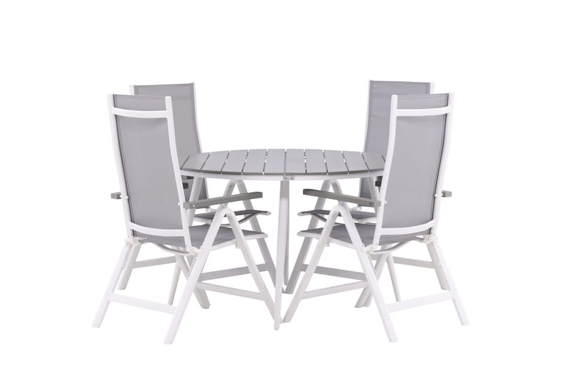Break Spisegruppe Rund 120 cm + 4 Albany Posisjonsstol, Hvit/Grå