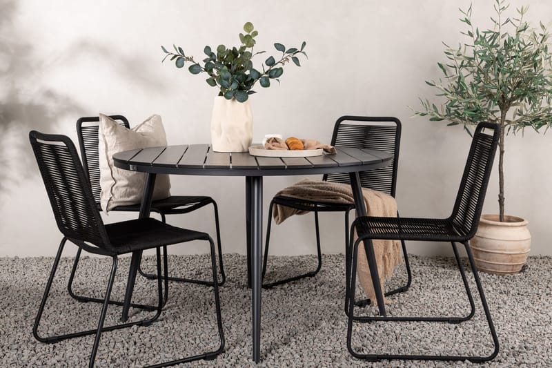 Break Spisegruppe Rund 120 cm + 4 Lindos Stablebar Stol - Svart - Hagemøbler - Hagegruppe - Spisegrupper hage