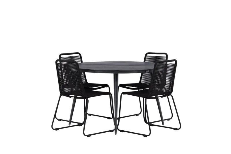 Break Spisegruppe Rund 120 cm + 4 Lindos Stablebar Stol, Svart
