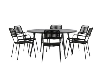 Break Spisegruppe Rund 150 cm + 6 Lindos Karmstol - Svart - Hagemøbler - Hagegruppe - Spisegrupper hage