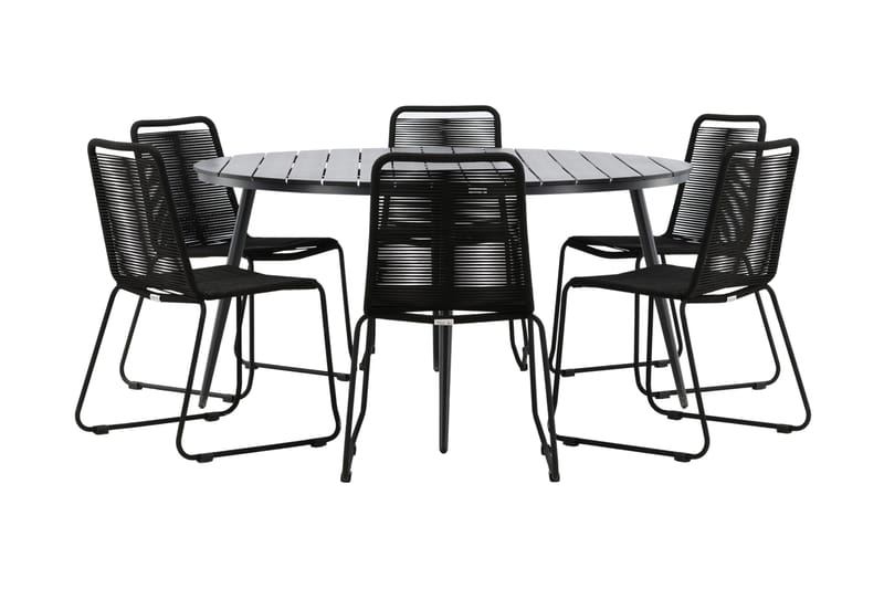 Break Spisegruppe Rund 150cm+6 Lindos Stablebare Stoler - Svart - Hagemøbler - Hagegruppe - Spisegrupper hage