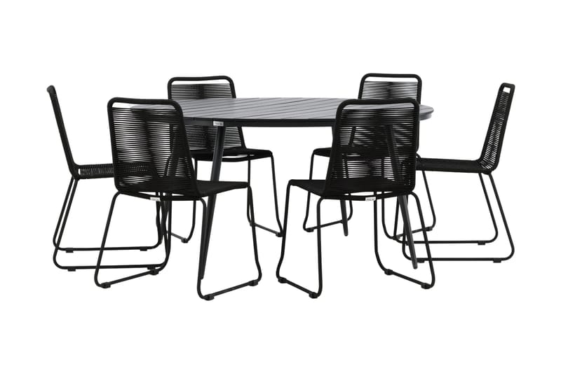 Break Spisegruppe Rund 150cm+6 Lindos Stablebare Stoler - Svart - Hagemøbler - Hagegruppe - Spisegrupper hage