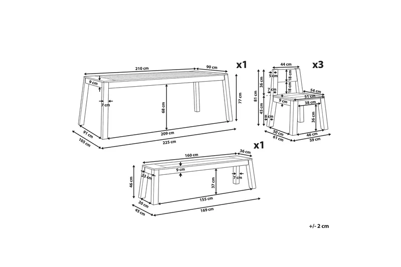 Coteto Spisegruppe 225 cm + 3 Stoler + Benk - Akasie - Hagemøbler - Hagegruppe - Spisegrupper hage