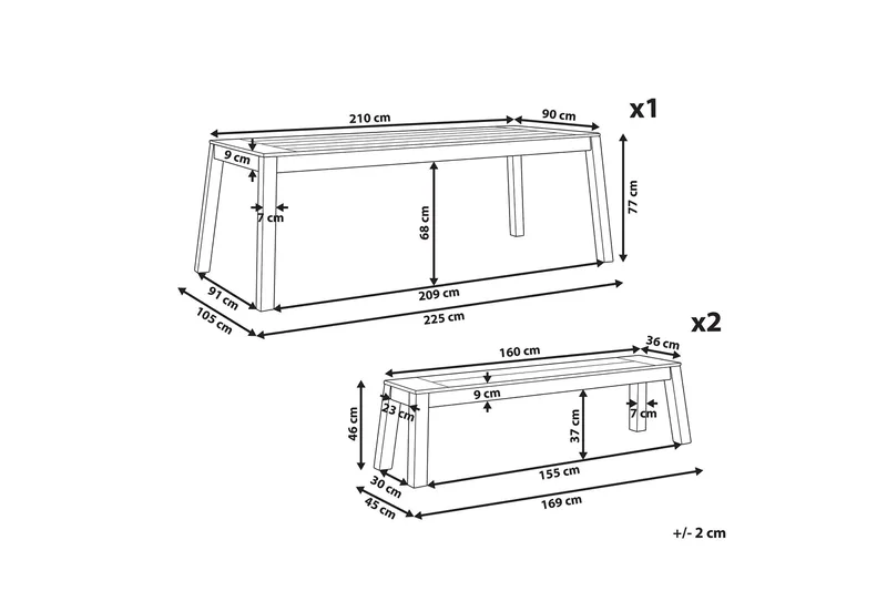 Coteto Spisegruppe 225 cm + 2 Benker - Akasie - Hagemøbler - Hagegruppe - Spisegrupper hage