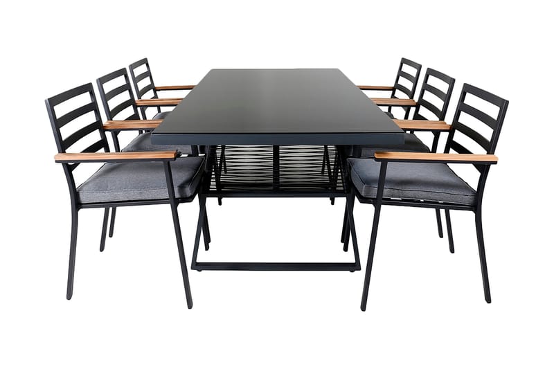 Dallas Spisegruppe 193cm + 6 Brasilia Karmstoler, Svart/Grå