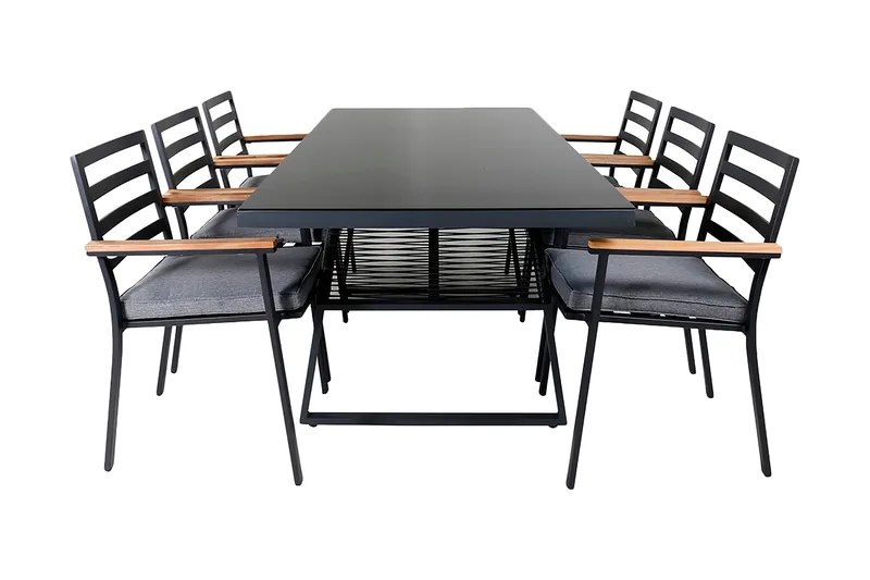 Dallas Spisegruppe 193cm + 6 Brasilia Karmstoler, Svart/Grå