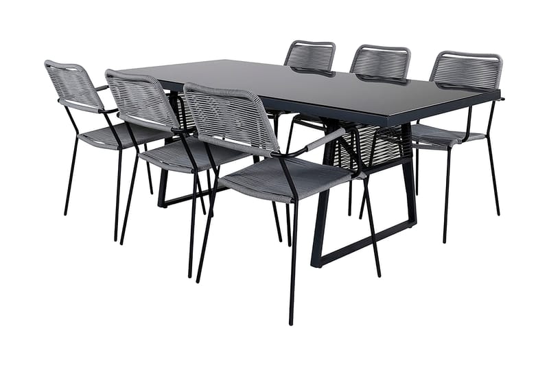 Dallas Spisegruppe 193cm + 6 Lindos Karmstoler - Svart/Grå - Hagemøbler - Hagegruppe - Spisegrupper hage