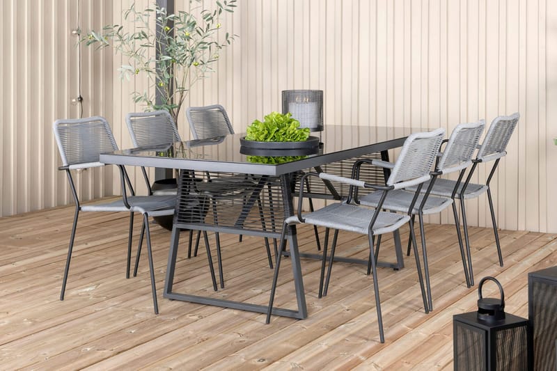 Dallas Spisegruppe 193cm + 6 Lindos Karmstoler - Svart/Grå - Hagemøbler - Hagegruppe - Spisegrupper hage