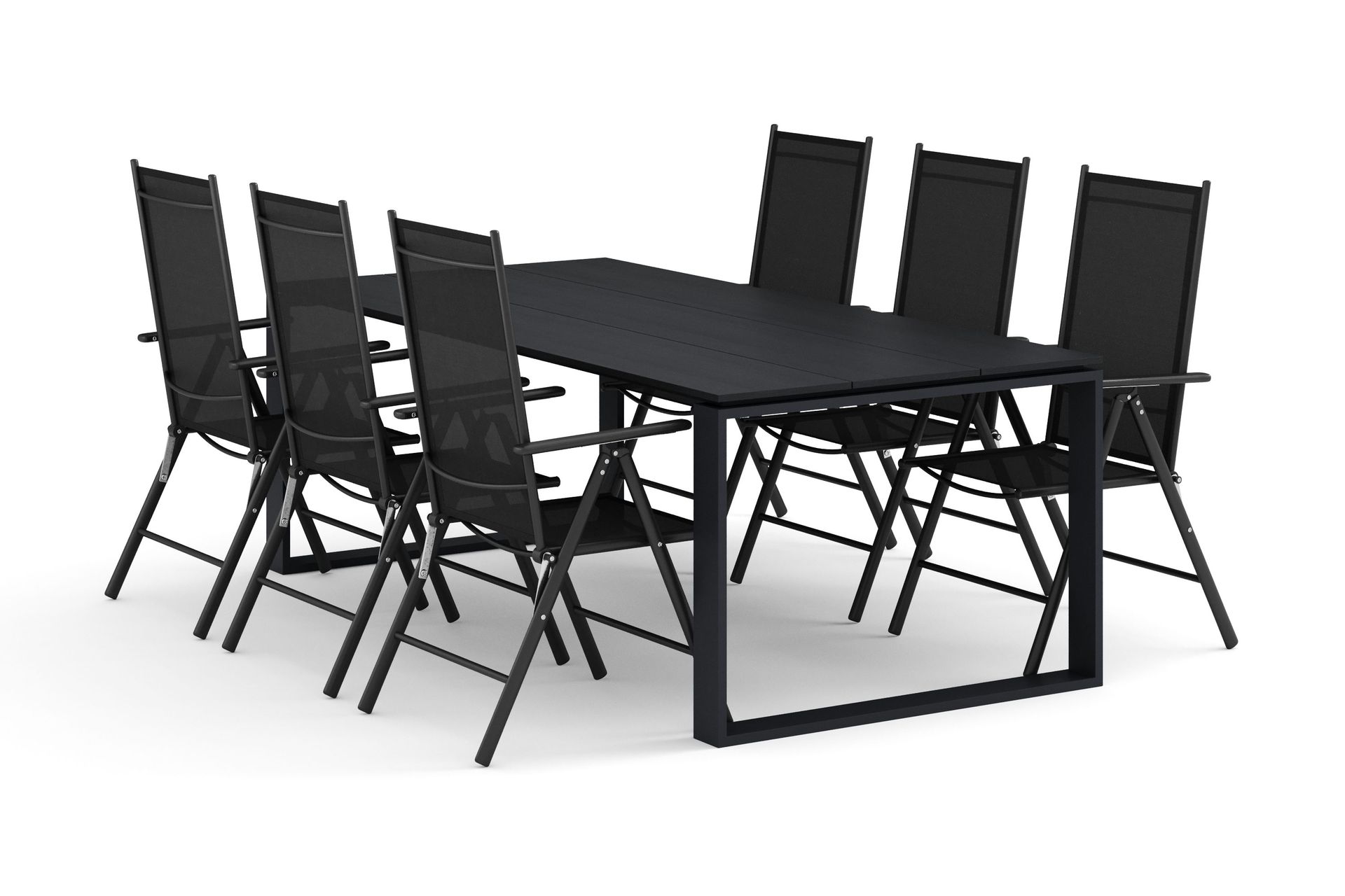 Devon utendørs spisegruppe 210x100 cm med 6 Maggie regulerbare stoler - Svart