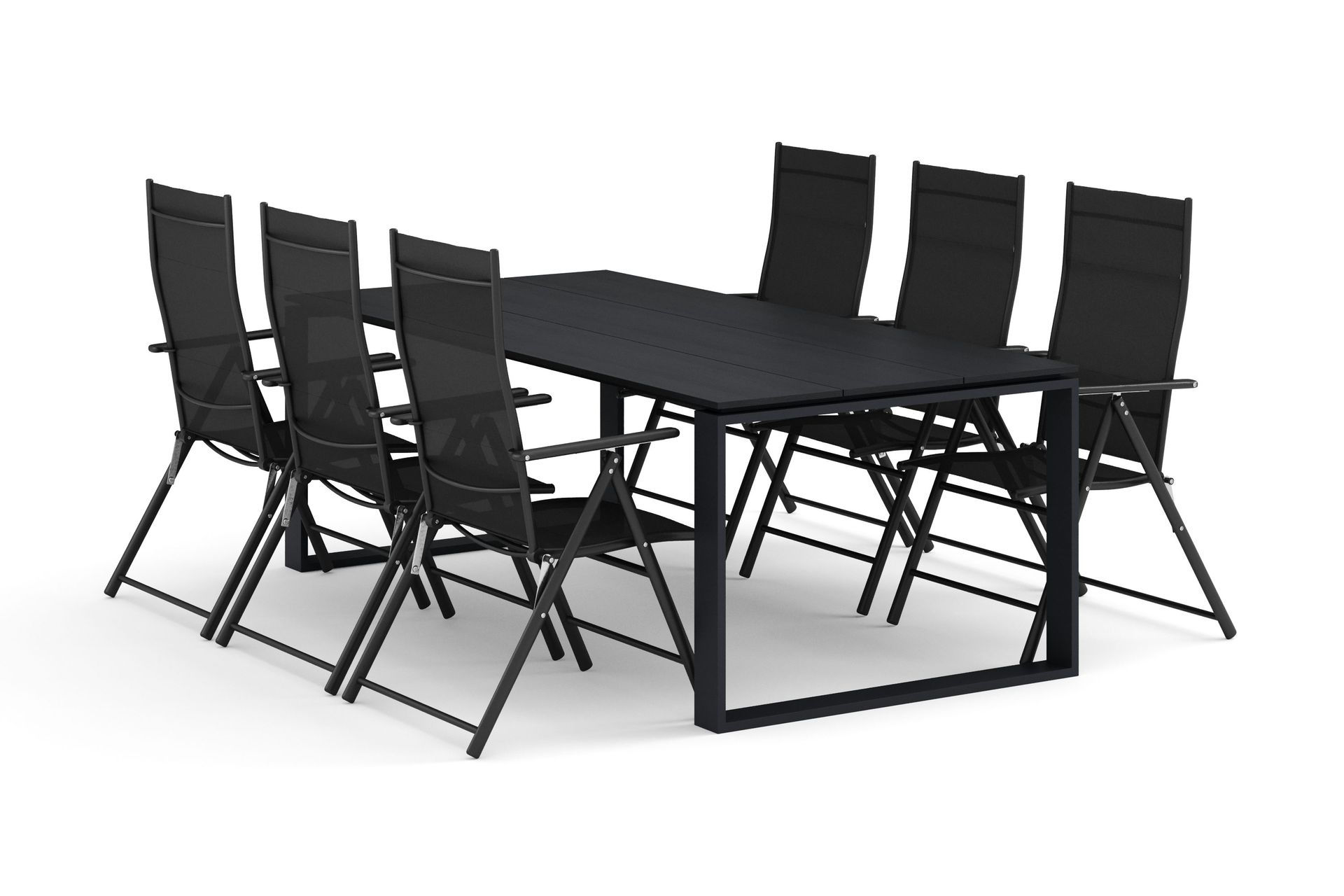 Devon utendørs spisegruppe 210x100 cm med 6 regulerbare stoler - Svart