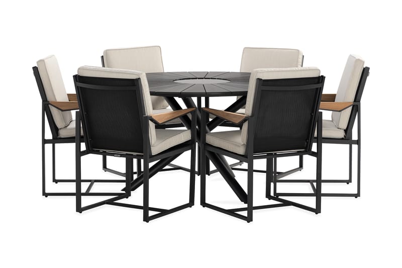 Finnhamn Spisegruppe 140 cm Rund + 6 Östermalm Spisestol - Teak/Svart - Hagemøbler - Hagegruppe - Spisegrupper hage
