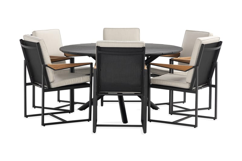 Finnhamn Spisegruppe 140 cm Rund + 6 Östermalm Spisestol - Teak/Svart - Hagemøbler - Hagegruppe - Spisegrupper hage