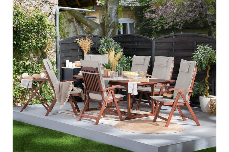 Hagesett bord og 6 stoler med puter TOSCANA - Tre / Natur - Spisegrupper hage