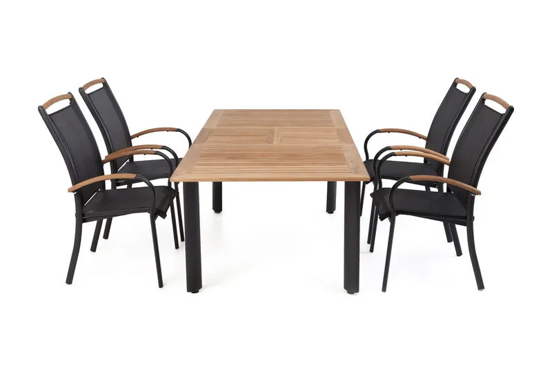 Hillerstorp Nydala spisegruppe 96x150–200 + 4 karmstoler, Teak/svart