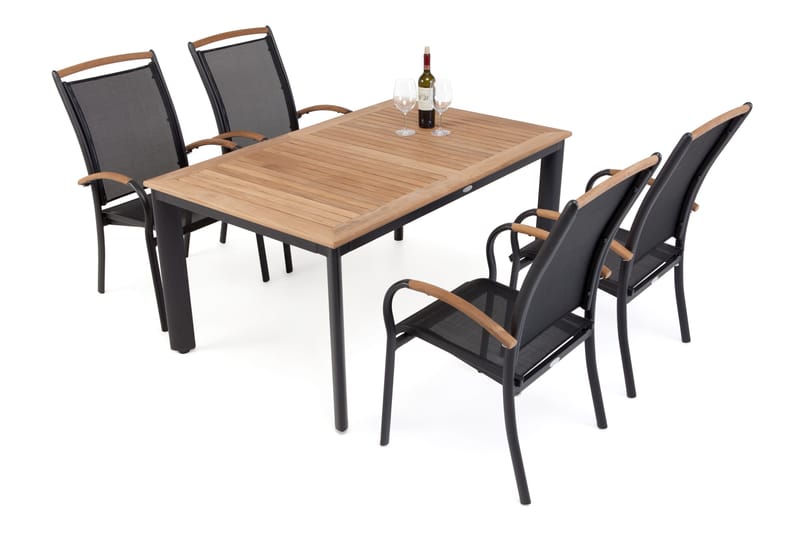 Hillerstorp Nydala spisegruppe 96x150–200 + 4 karmstoler - Teak/svart - Hagemøbler - Hagegruppe - Spisegrupper hage