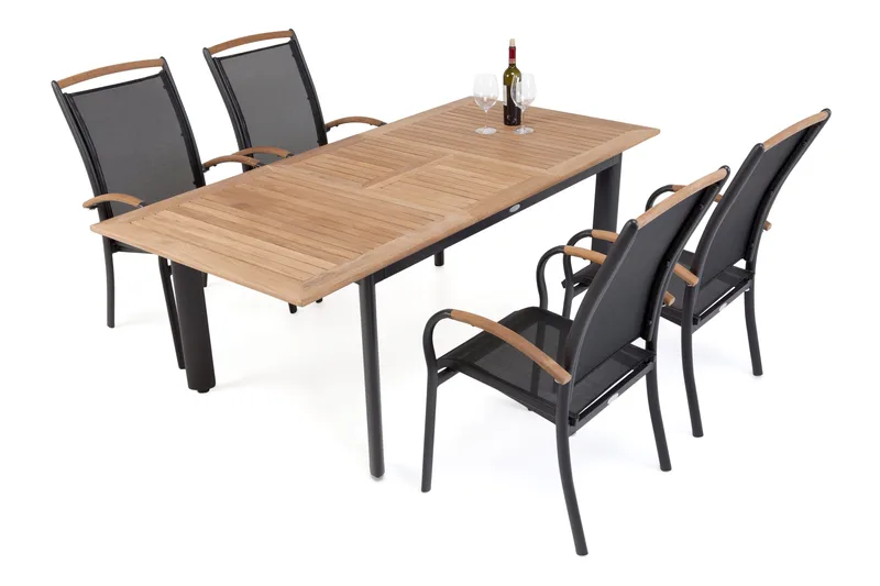 Hillerstorp Nydala spisegruppe 96x150–200 + 4 karmstoler - Teak/svart - Hagemøbler - Hagegruppe - Spisegrupper hage