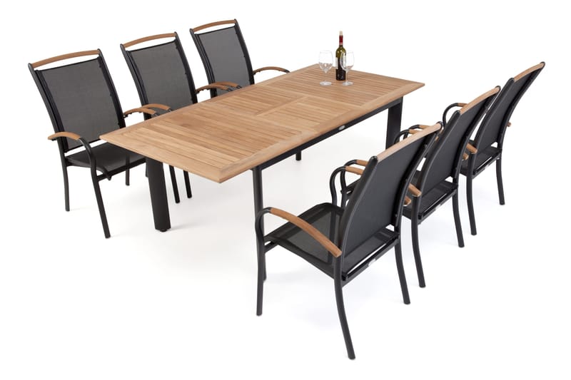 Hillerstorp Nydala spisegruppe 96x150–200 + 6 karmstoler - Teak/svart - Hagemøbler - Hagegruppe - Spisegrupper hage