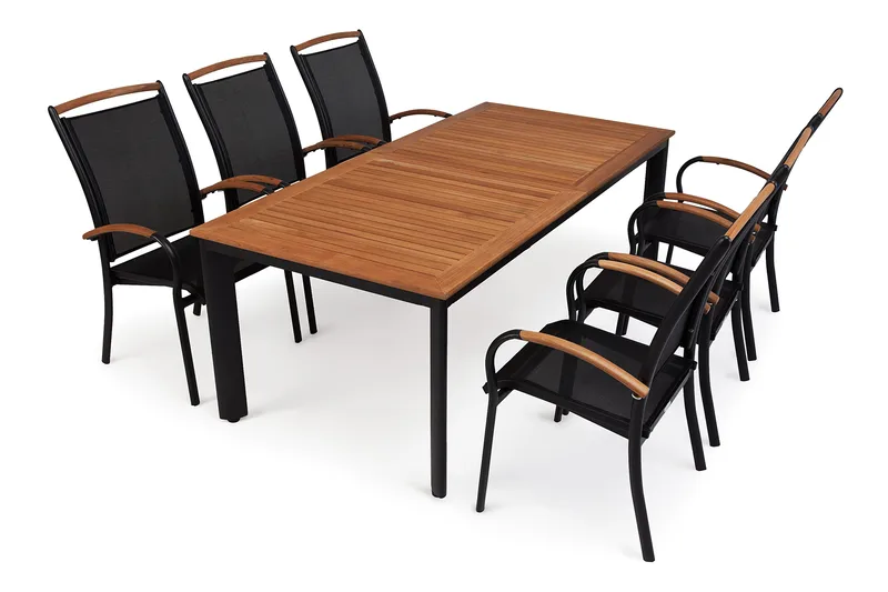 Hillerstorp Nydala spisegruppe 96x150–200 + 6 karmstoler, Teak/svart