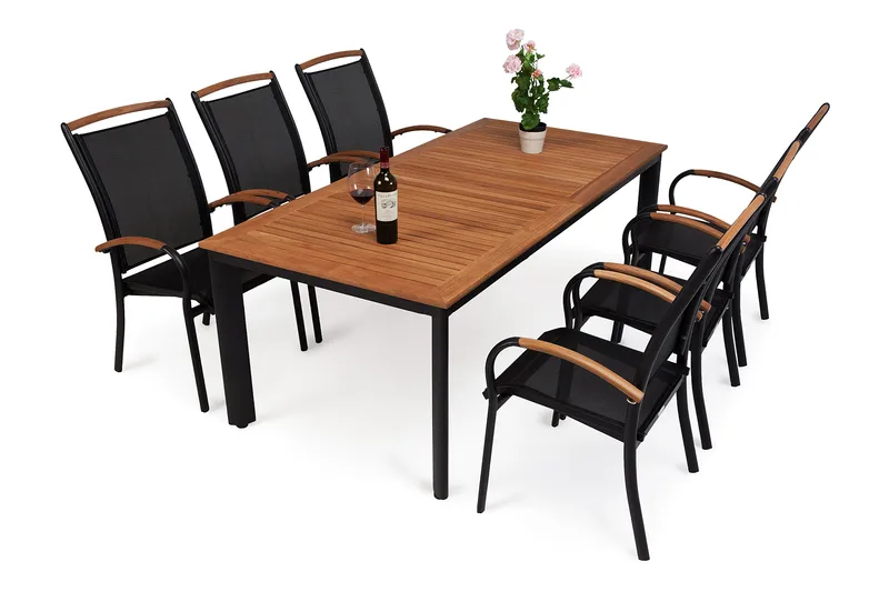 Hillerstorp Nydala spisegruppe 96x150–200 + 6 karmstoler - Teak/svart - Hagemøbler - Hagegruppe - Spisegrupper hage