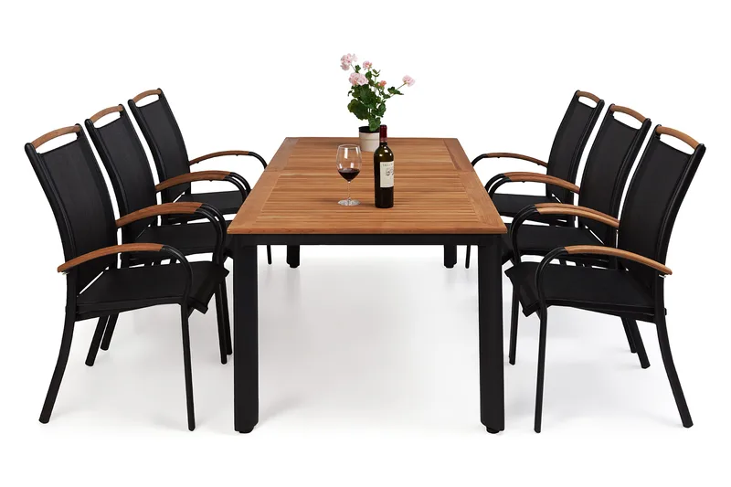 Hillerstorp Nydala spisegruppe 96x150–200 + 6 karmstoler - Teak/svart - Hagemøbler - Hagegruppe - Spisegrupper hage
