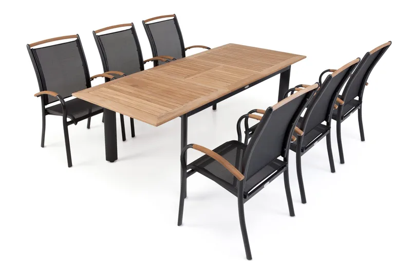 Hillerstorp Nydala spisegruppe 96x150–200 + 6 karmstoler - Teak/svart - Hagemøbler - Hagegruppe - Spisegrupper hage
