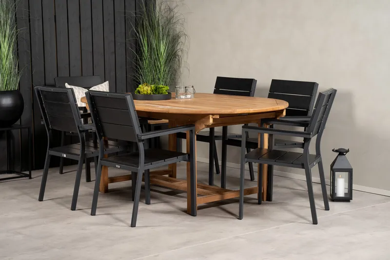 Kenya Spisegruppe 180-240x120 cm + 6 Levels Stablebar Stol - Svart/Brun - Hagemøbler - Hagegruppe - Spisegrupper hage