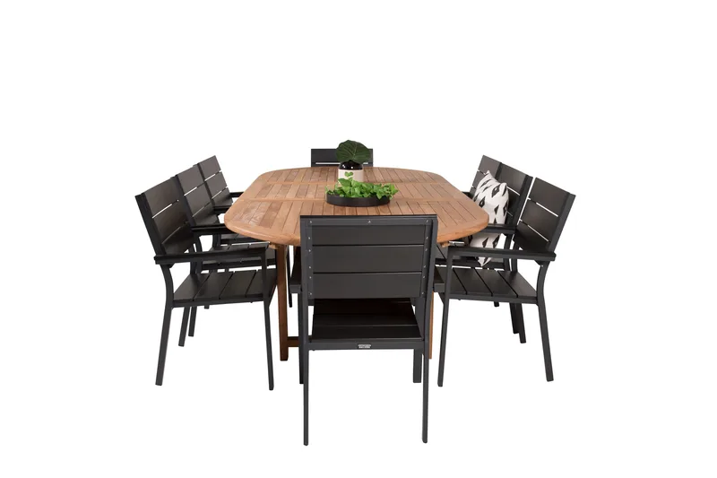 Kenya Spisegruppe 180-240x120 cm + 8 Levels Stablebar Stol - Svart/Brun - Hagemøbler - Hagegruppe - Spisegrupper hage