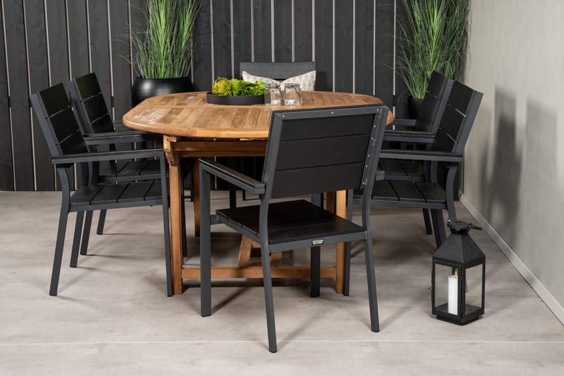 Kenya Spisegruppe 180-240x120 cm + 6 Levels Stablebar Stol - Svart/Brun - Hagemøbler - Hagegruppe - Spisegrupper hage