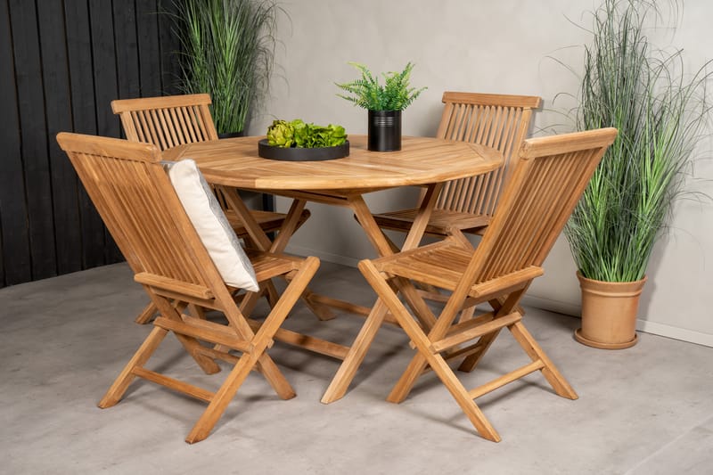 Kenya Spisegruppe Rund 120 cm + 4 Kenya Sammenleggbar Stol - Brun - Hagemøbler - Hagegruppe - Spisegrupper hage