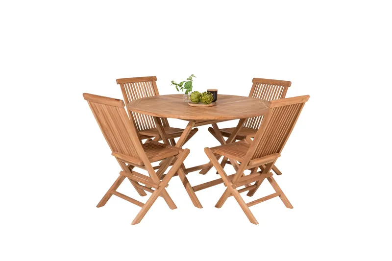 Kenya Spisegruppe Rund 120 cm + 4 Kenya Sammenleggbar Stol - Brun - Hagemøbler - Hagegruppe - Spisegrupper hage