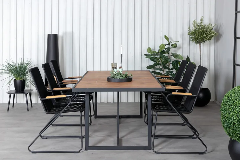 Khung Spisegruppe 200cm + 6 Bois Karmstoler, Svart/Brun