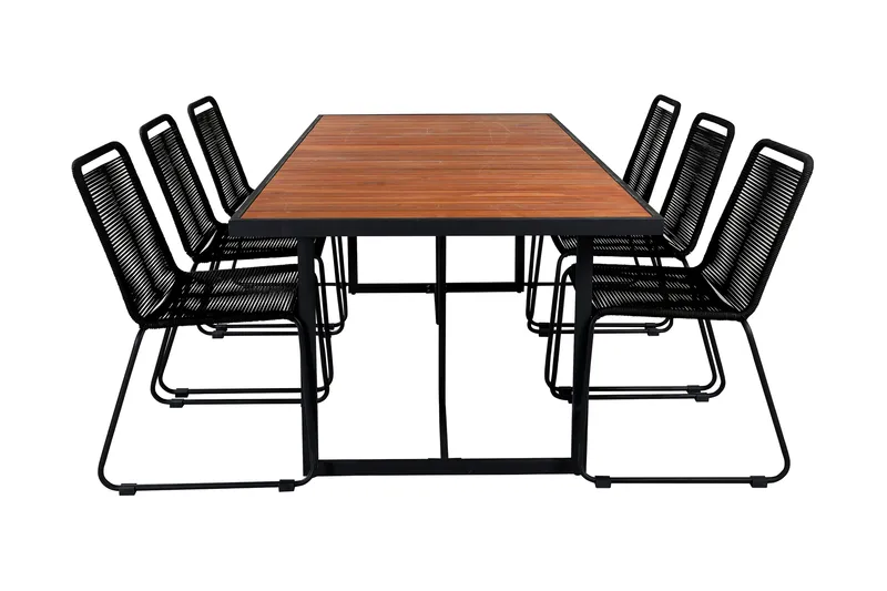 Khung Spisegruppe 200cm + 6 Lindos Stablebare Spisestoler, Svart