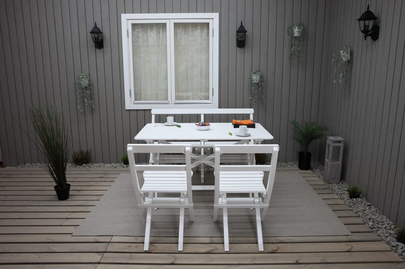 Larios Spisegruppe + 2 Sammenleggbare Stoler + Benk - Hvit - Hagemøbler - Hagegruppe - Spisegrupper hage
