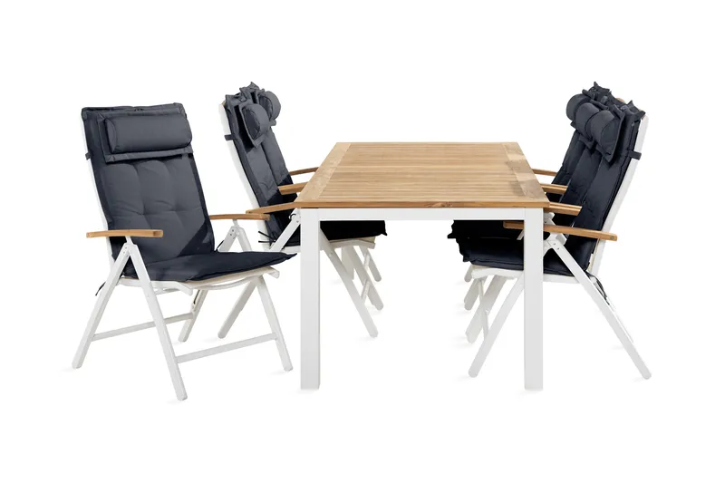 Las Vegas Spisegruppe 100x220-280+6 Stolar +Pute - Hvit/Teak/Grå - Hagemøbler - Hagegruppe - Spisegrupper hage