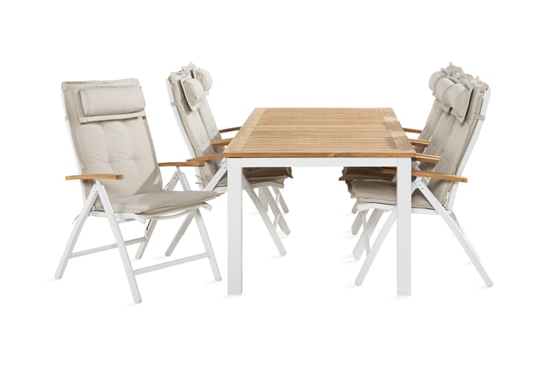 Las Vegas Spisegruppe 100x220-280+6 Stolar +Pute - Hvit/Teak/Offwhite - Hagemøbler - Hagegruppe - Spisegrupper hage