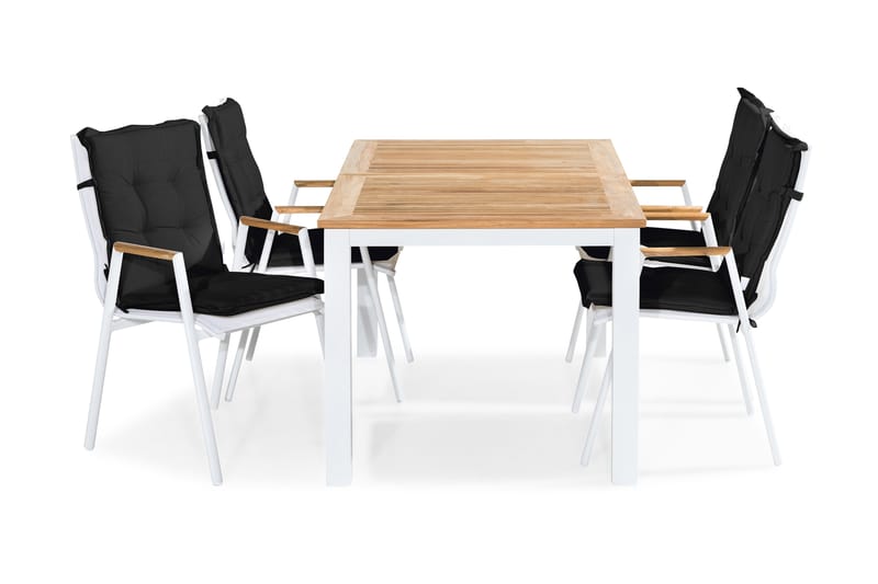 Las Vegas Spisegruppe 152-210x90 + 4 Karmstoler m Pute - Hvit/Teak/Svart - Hagemøbler - Hagegruppe - Spisegrupper hage