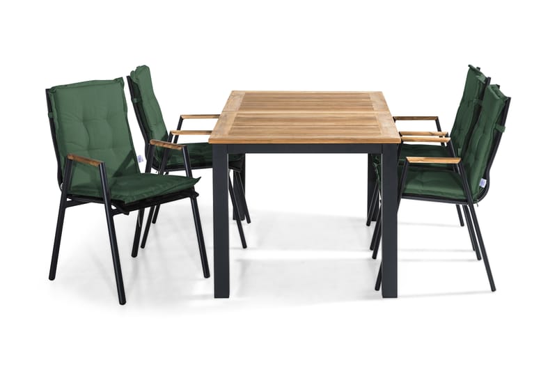 Las Vegas Spisegruppe 152-210x90 + 4 Karmstoler m Pute - Svart/Teak/Grønn - Hagemøbler - Hagegruppe - Spisegrupper hage