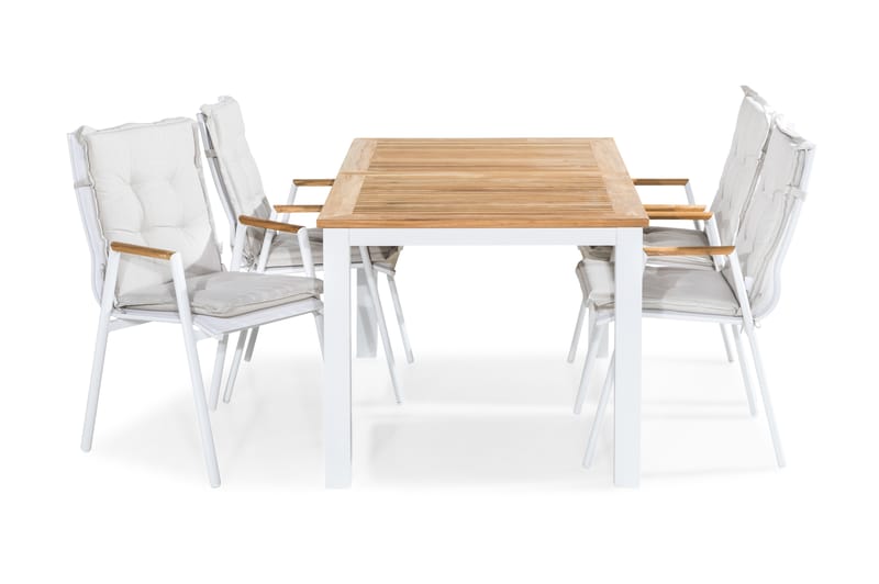 Las Vegas Spisegruppe 152-210x90 + 4 Karmstoler m Pute, Hvit/Teak