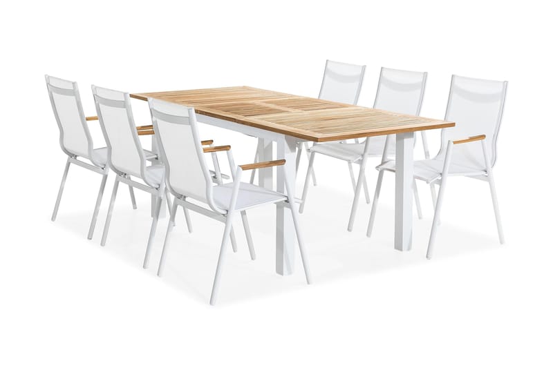 Las Vegas Spisegruppe 152-210x90 + 6 Karmstoler - Hvit/Teak - Hagemøbler - Hagegruppe - Spisegrupper hage