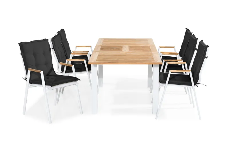 Las Vegas Spisegruppe 152-210x90 + 6 Karmstoler m Pute - Hvit/Teak/Svart - Hagemøbler - Hagegruppe - Spisegrupper hage