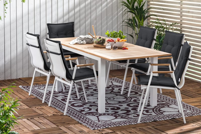 Las Vegas Spisegruppe 152-210x90 + 6 Karmstoler m Pute - Hvit/Teak/Svart - Hagemøbler - Hagegruppe - Spisegrupper hage